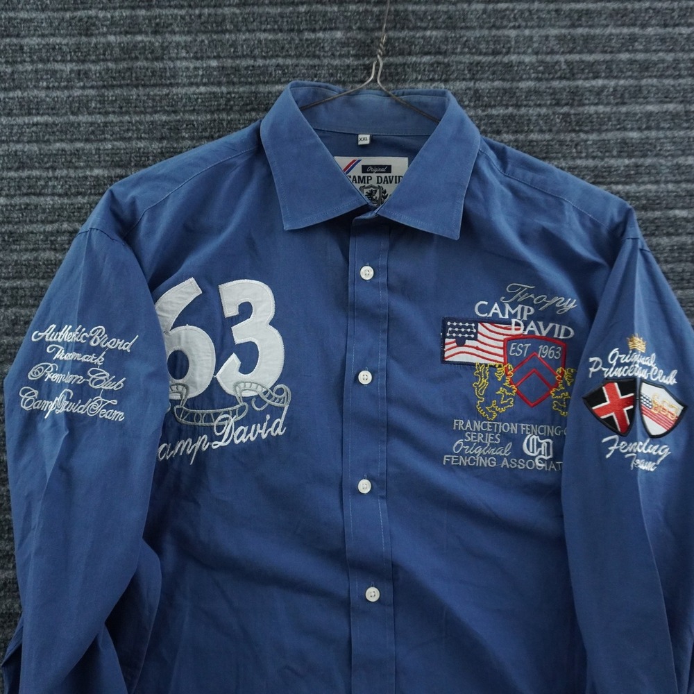 Camp David Button Down Shirt Mens XXL Blue Embroidered Fencing Graphic - Picture 3 of 8